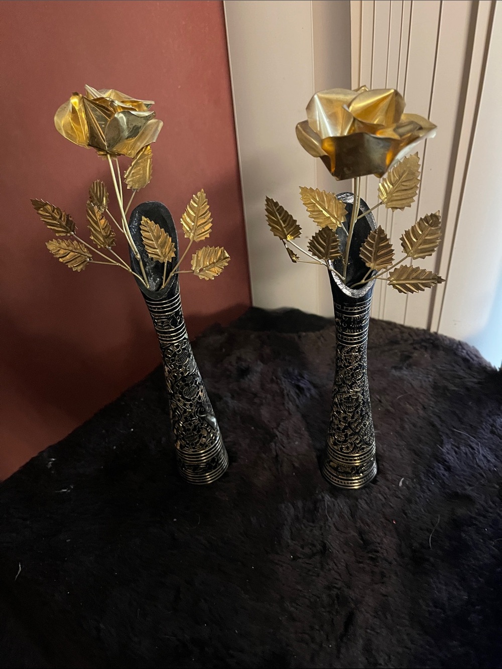 Decorative Gold Rose Stem in Black Ornate brass vase- Home Accents